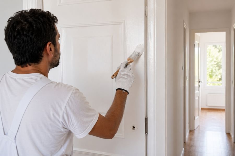 Pintor lacando con brocha una puerta interior blanca en un piso